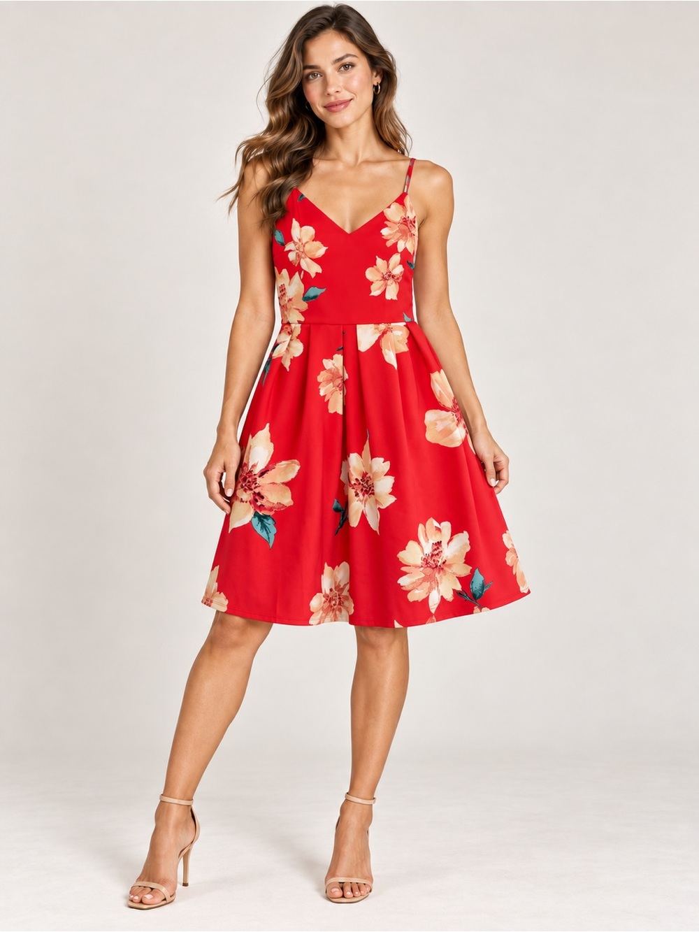 Monteau LA Red Floral Spaghetti Strap V Neck Fit and Flare Dress Size Small